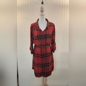 Full Circle Trends Women's Ruby Red Flannel Dress Faux Leather Belt Size 1X